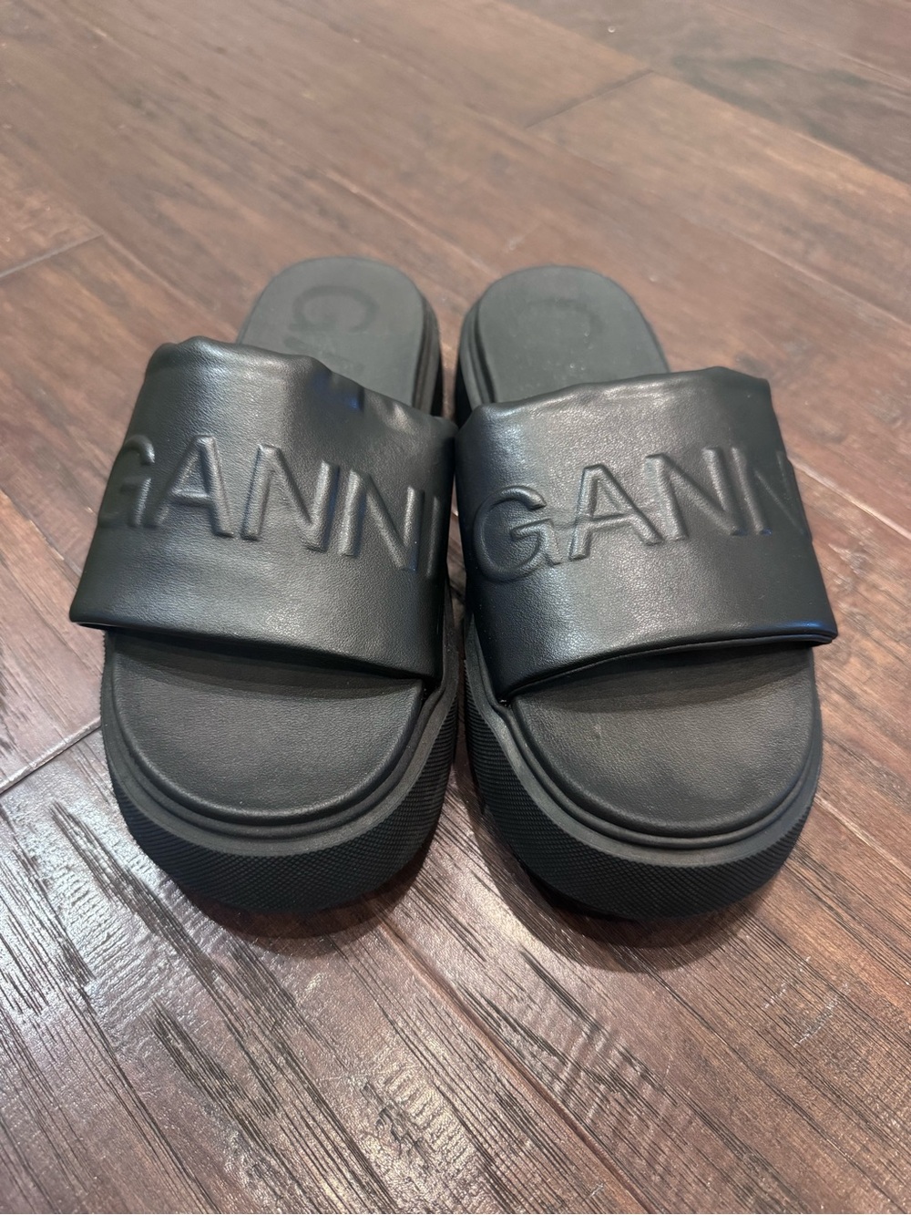Ganni Black Padded Logo Slide Sandals